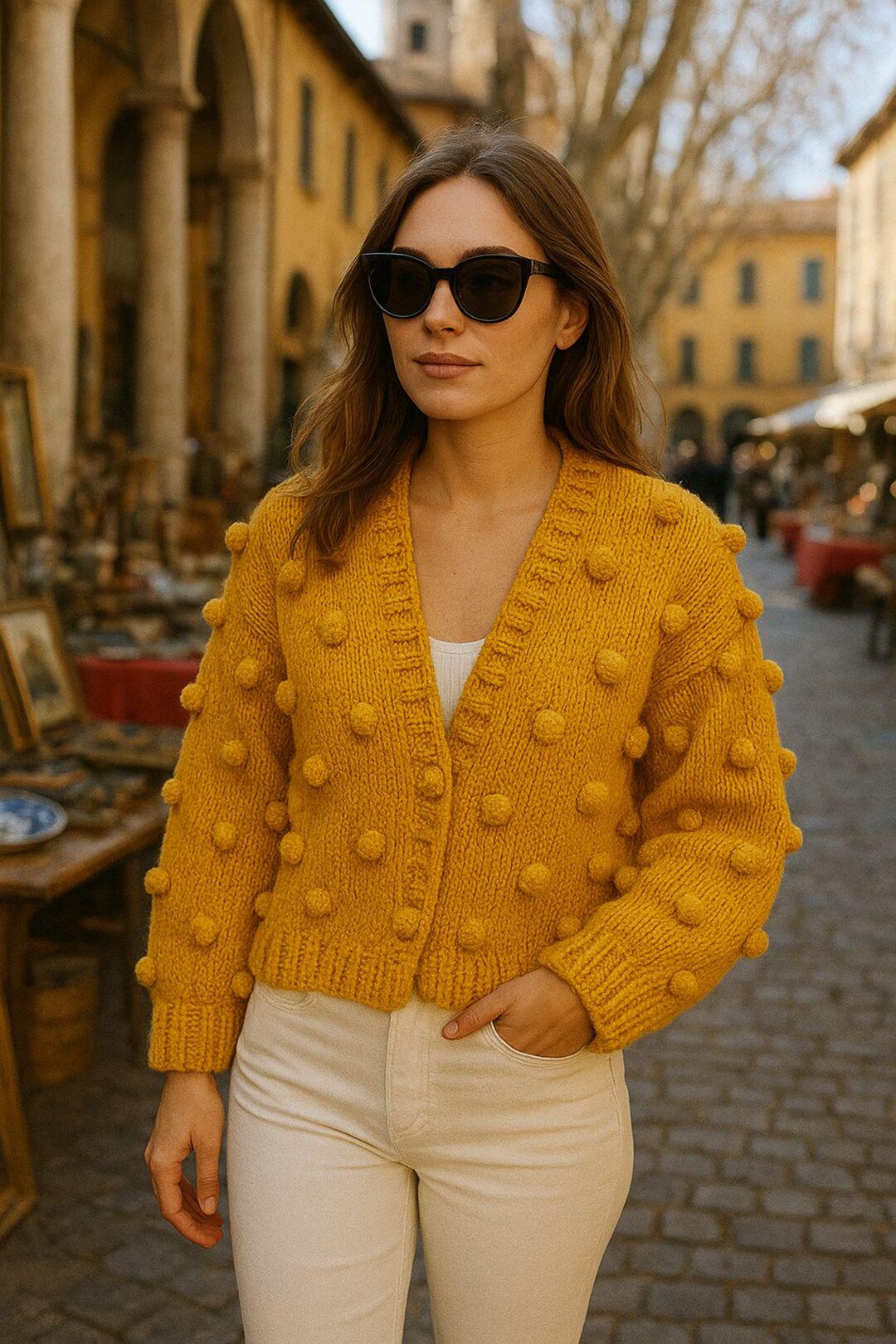 Mustard Pop Corn Cardigan Booble Stitch Jacket Knitted Vintage
