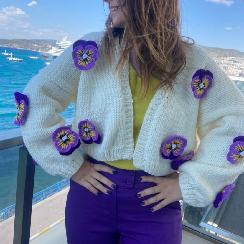 アメリヴィンテーART FLOWER KNIT CARDIGAN Daisy Flower Cardigan Knitting Pattern, Knitting Floral