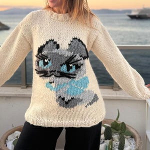 May include: Cream-coloured knitted sweater with a large, stylised cat design on the front. The cat has grey and blue accents, with a grumpy expression. The sweater has long sleeves and a crew neck.