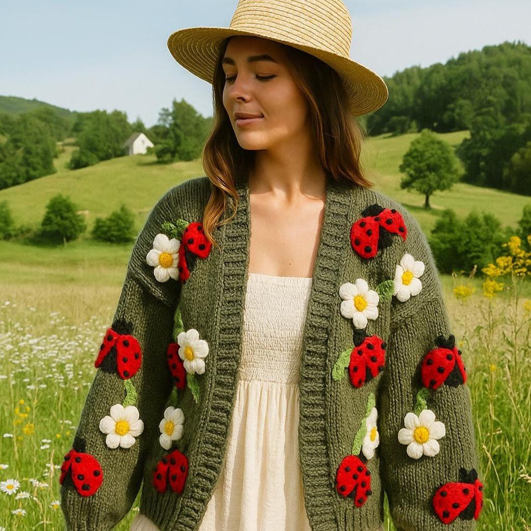 【大人百花掲載】【洗える】BOTANICAL GARDEN PARTY KNIT CARDIGAN Ladybug Daisy Cardigan | Bloom Knit Jacket | Handmade Floral