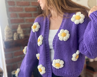 Purple Daisy Knit Cardigan | Handmade Floral Sweater | Bloom Knit Jacket | Oversized Chunky Knitwear | 3D Flower Cardigan | Cottagecore Top