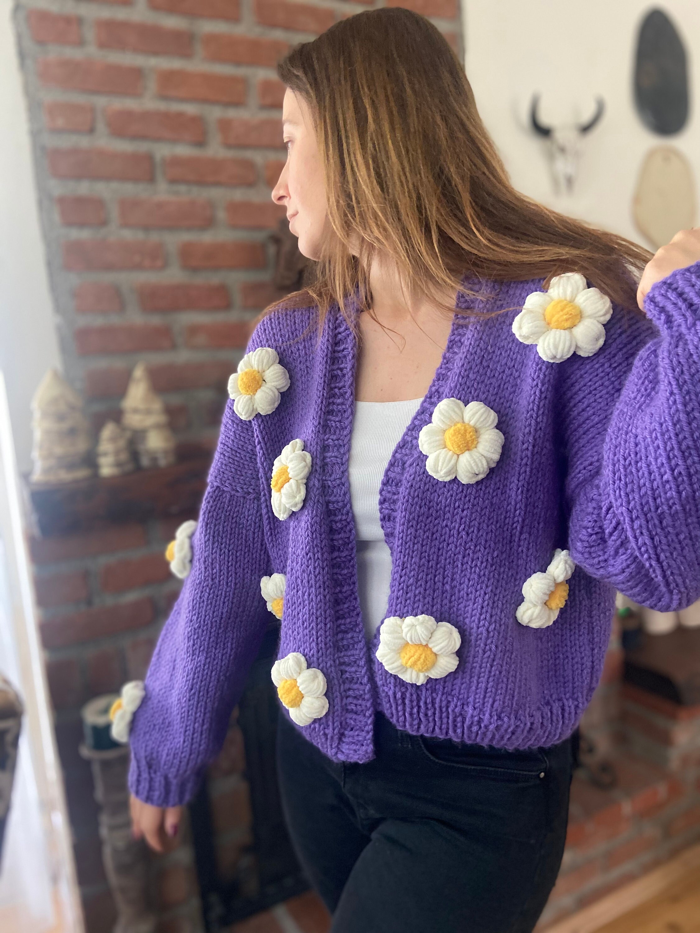 Handmade Purple Daisy Knit Cardigan: Velvet Crochet 3D Flowers