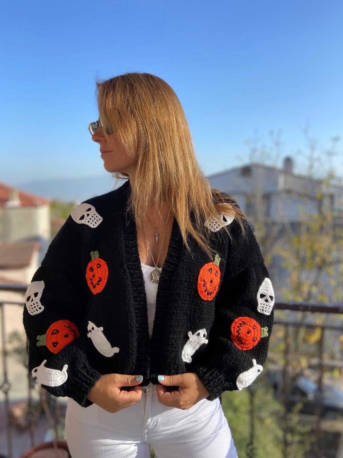 Handknit Halloween Cardigan: Pumpkin , Ghost, Skull & Spider Web