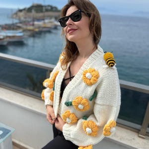 Handmade Bee & Velvet Daisy Cardigan: Wool Blend Knit Jacket