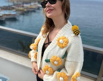 Bee & Velvet Daisy Cardigan: cottagecore flower bumblebee Knit Jacket