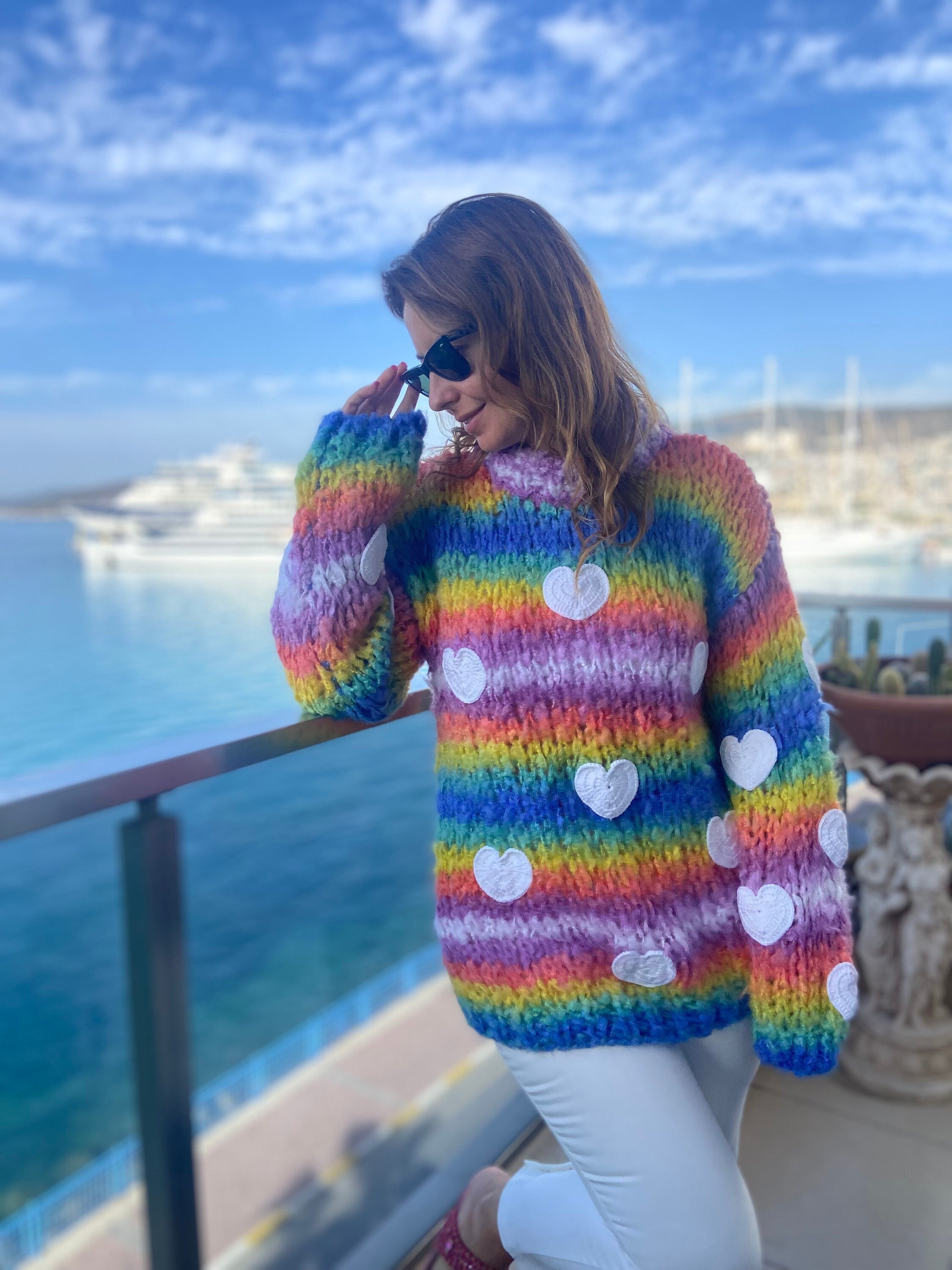 Rainbow Jumper with Crochet White Hearts | Chunky Colourful Striped Sweater |  Knitted 3D White Hearts Jumper | Valentines Day Sweater Gift