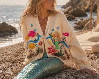 Handgemaakt zeemeerminvest – grofgebreid amigurumi-gebreid zeedierenvest – gebreide Under the Sea-trui