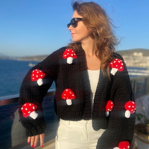 Mushroom Cardigan | Chunky Red Mushroom Embroidery Jumper | Knitted 3D Mushroom Sweater | Festive Season Pullover | Christmas Gift for Her