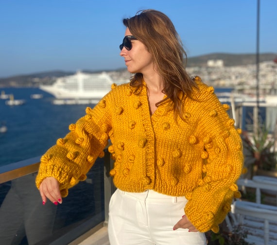 Mustard Pop Corn Cardigan Booble Stitch Jacket Knitted Vintage Look Sweater Pop and Dot Jumper Retro 1960s Fashion Handmade Knitwear Etsy