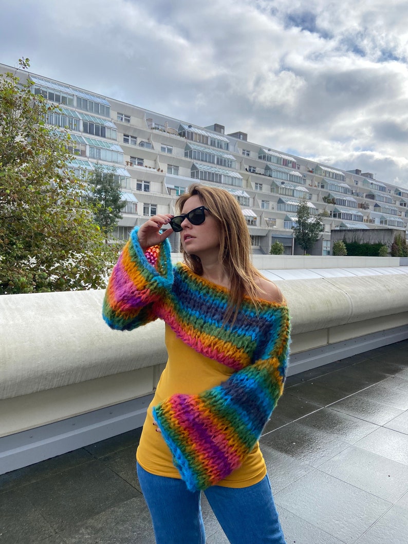 Striped Rainbow Shrug Cropped Jumper Chunky Colourful Stripes Bolero Knitted Multicoloured Colourful Crop Sweater Crop Knit Arm Warmer image 2