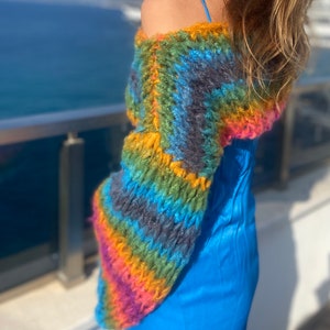 Striped Rainbow Shrug Cropped Jumper Chunky Colourful Stripes Bolero Knitted Multicoloured Colourful Crop Sweater Crop Knit Arm Warmer image 8