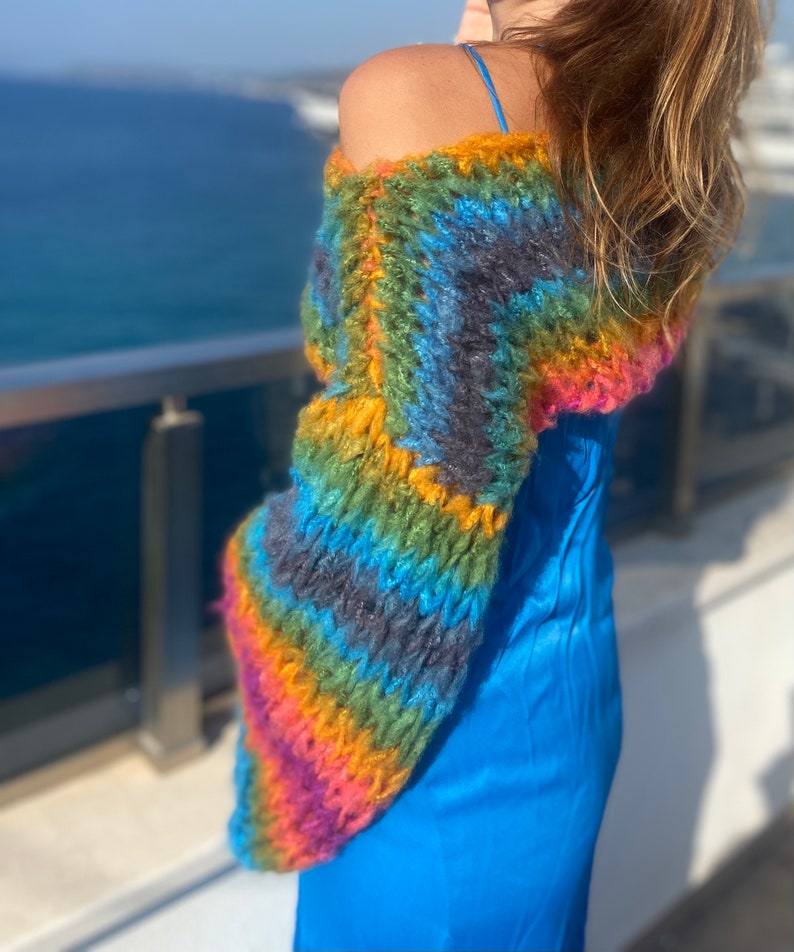 Striped Rainbow Shrug Cropped Jumper Chunky Colourful Stripes Bolero Knitted Multicoloured Colourful Crop Sweater Crop Knit Arm Warmer image 8