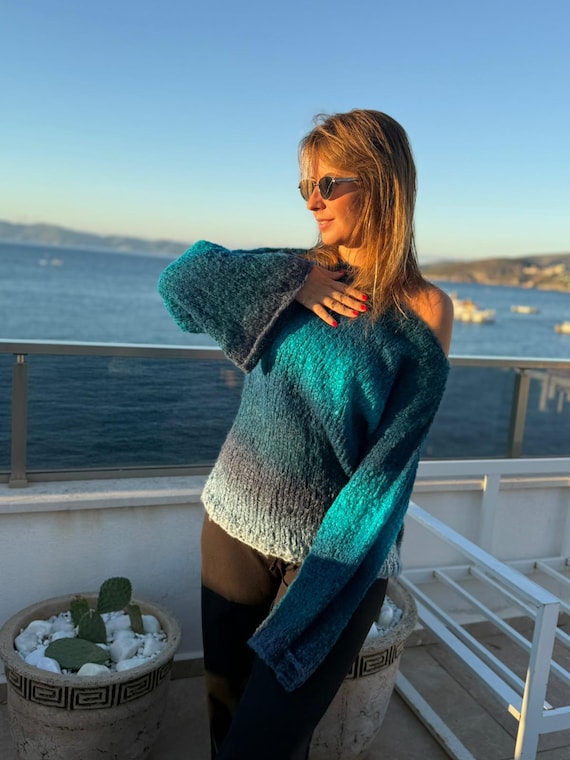 Blau Gestreifter Regenbogen Pullover Chunky Blau Bunte Streifen