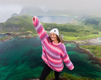 Vibrant Pink White Purple Striped Sweater | Chunky Knit Handmade with Vegan Yarn | Traveller Warm Mountain Sweater | Iconic Striped Soft Top