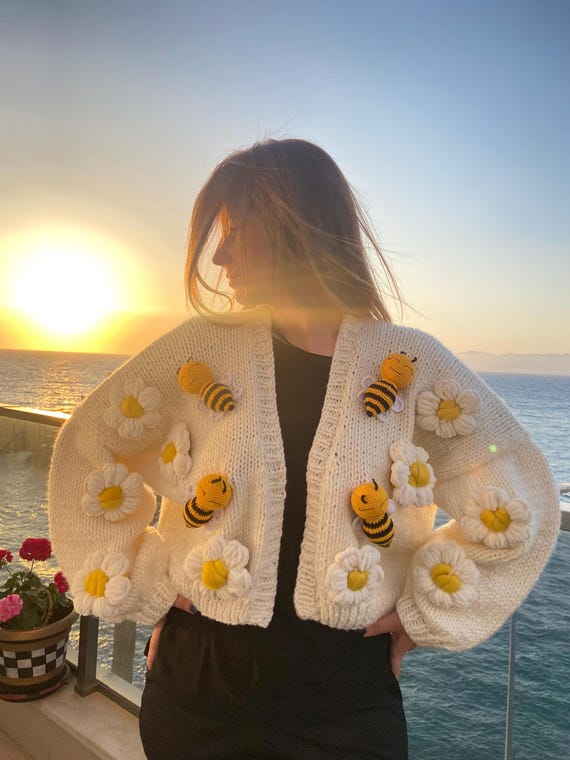 Bumble Bee Daisy Cardigan: Handmade 3D White Flower Cottagecore