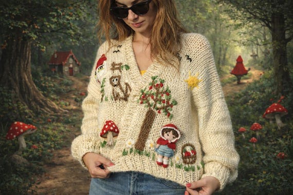Little Red Riding Hood and Wolf Cardigan: Cottagecore Mushroom Knitted 3D Story Telling Sweater