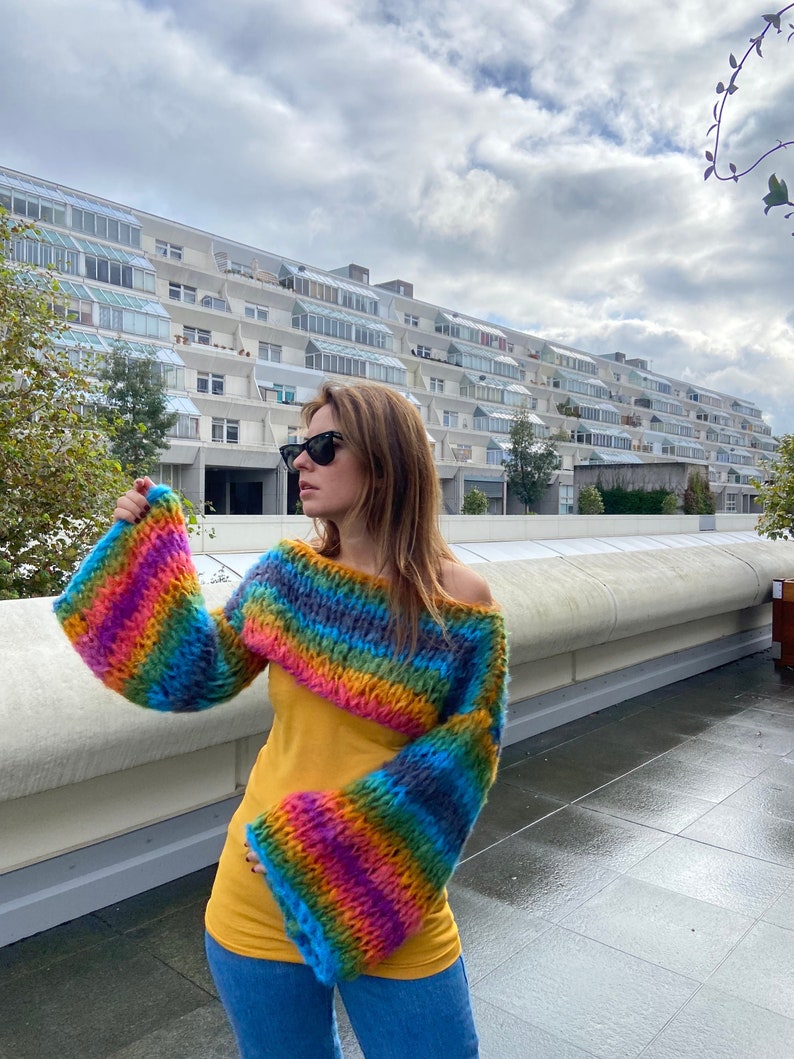 Striped Rainbow Shrug Cropped Jumper Chunky Colourful Stripes Bolero Knitted Multicoloured Colourful Crop Sweater Crop Knit Arm Warmer image 1