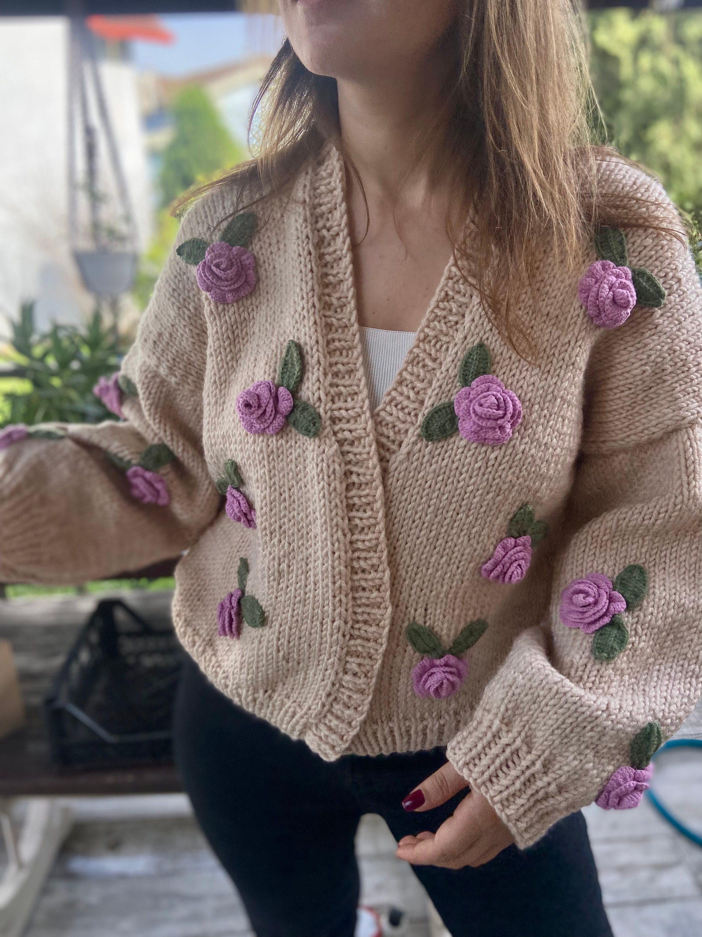 Leilayca Pink Roses Cardigan , Chunky Cropped Cardigan for