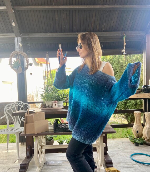 Blue Striped Rainbow Jumper Chunky Blue Colourful Stripes Jumper Knitted Sweater Multicoloured Colourful Oversized Sweater Chunky Knit Etsy Ireland