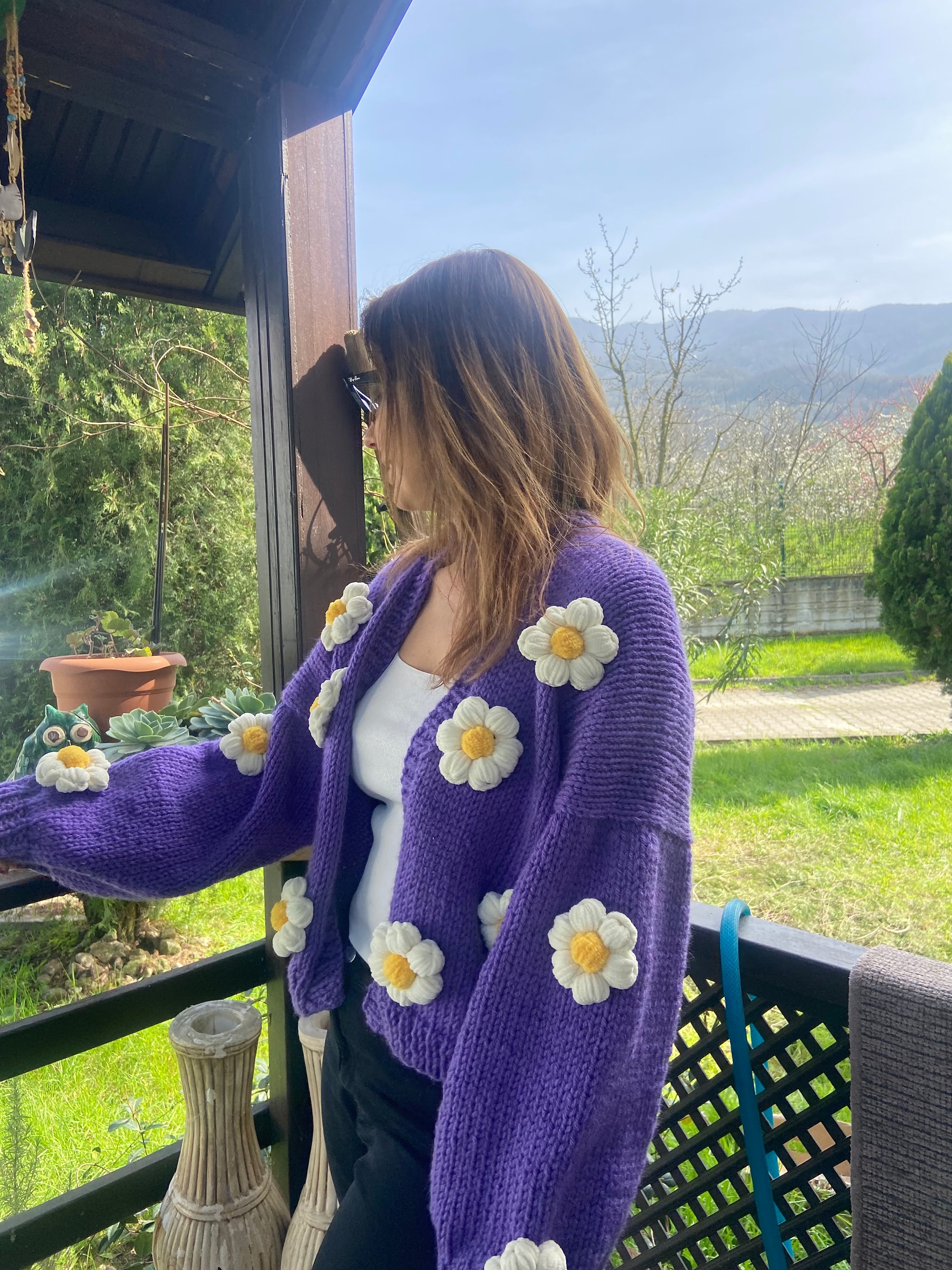 Purple Daisy Knit Cardigan | Handmade Floral Sweater | Bloom Purple Daisy Knit Cardigan | Handmade Floral Sweater | Bloom