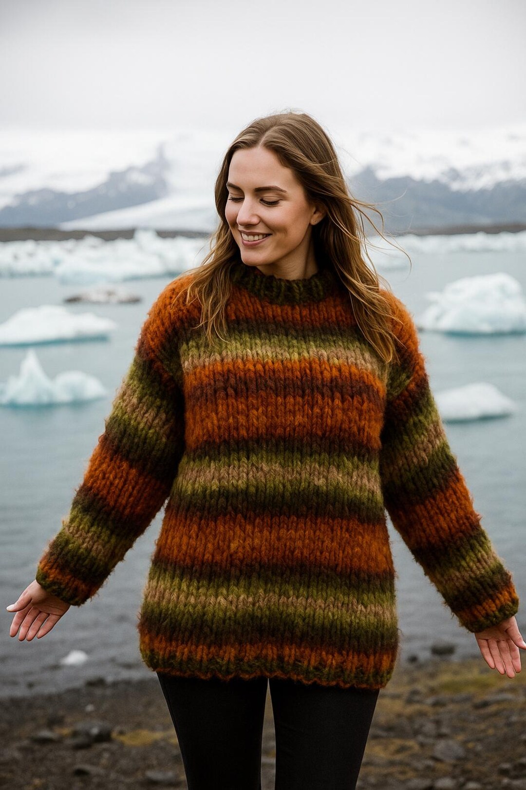 Grobstrick Streifen Pullover: Orange Grüner Pullover aus Vegan