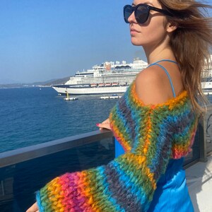 Striped Rainbow Shrug Cropped Jumper Chunky Colourful Stripes Bolero Knitted Multicoloured Colourful Crop Sweater Crop Knit Arm Warmer image 4