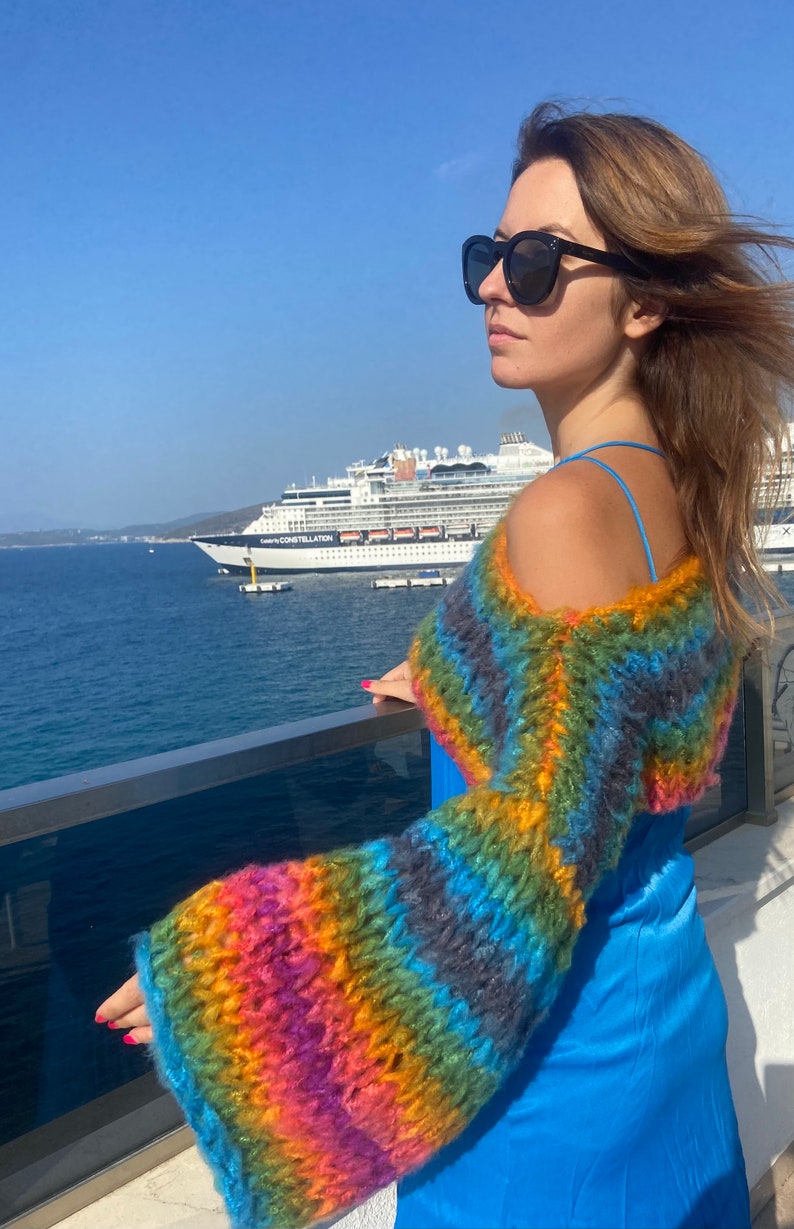 Striped Rainbow Shrug Cropped Jumper Chunky Colourful Stripes Bolero Knitted Multicoloured Colourful Crop Sweater Crop Knit Arm Warmer image 4