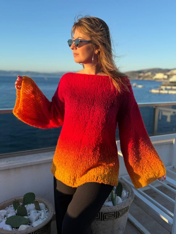 Orange Gestreifter Regenbogen Pullover Chunky Orange Bunt