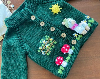 Alpaca Farm Cardigan for Kids | Knitted Sweater for Children | Unisex Kids Gift | Cottagecore Knitwear | 3D Mushroom Daisy Jacket for 2-3