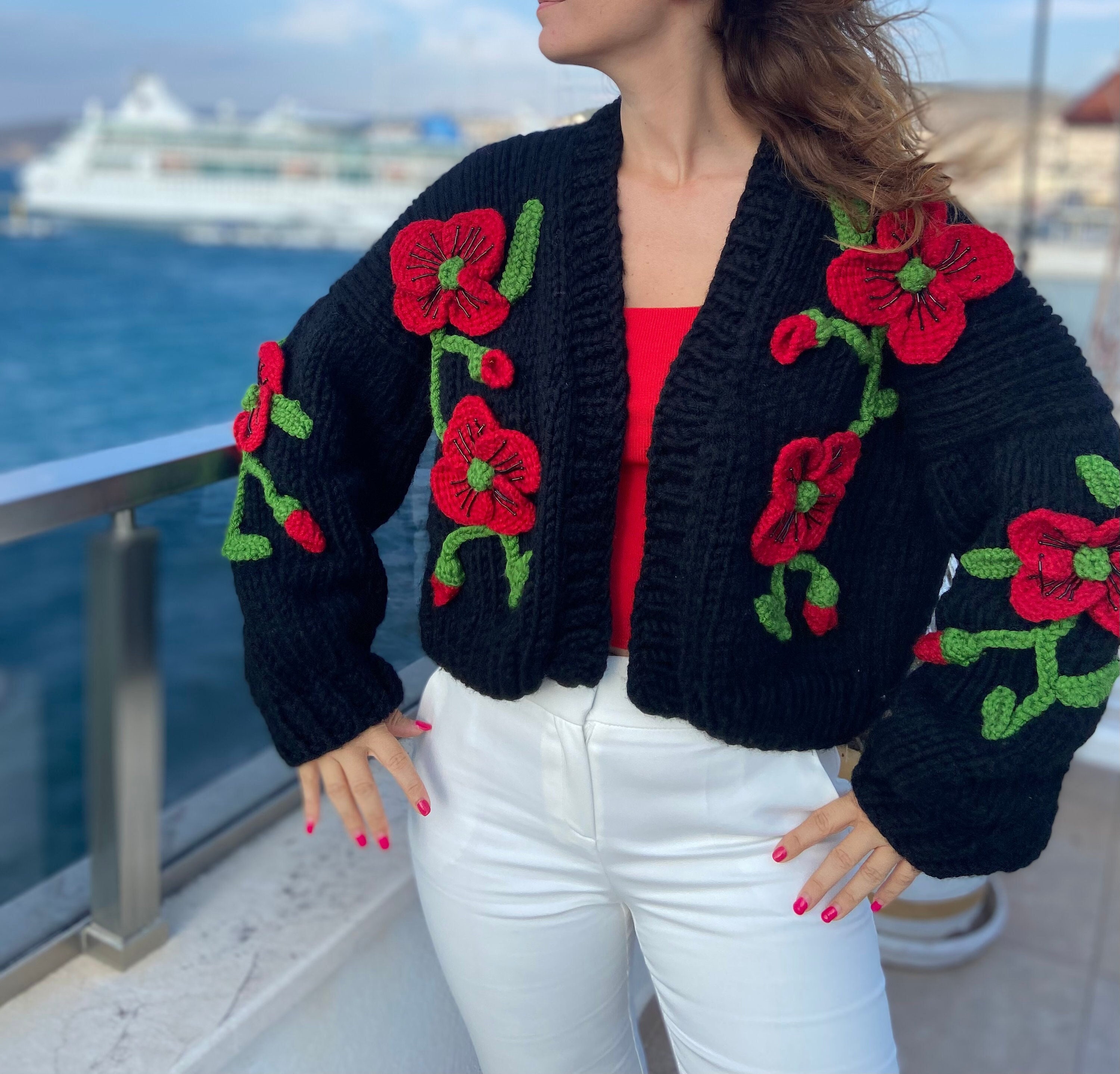 Poppy Cardigan | Handmade Poppies Jacket | Knitted 3D Poppy Poppy Cardigan | Handmade Poppies Jacket | Knitted 3D Poppy