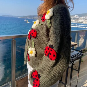 May include: An olive green knit sweater adorned with red ladybugs, white daisies, and green leaves. The sweater has a round neckline and long sleeves. The ladybugs have black spots. The daisies have yellow centers.