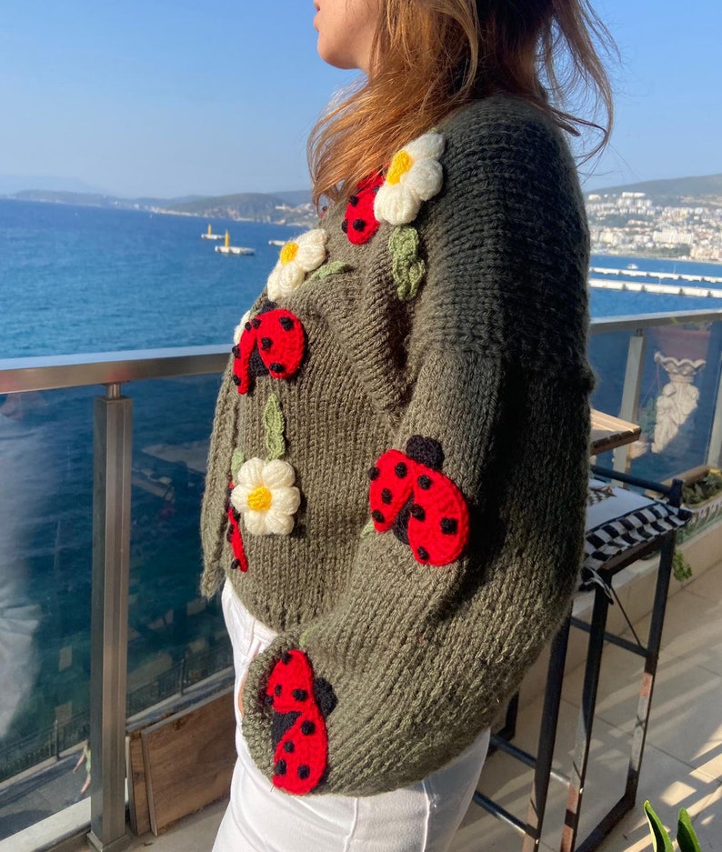 May include: An olive green knit sweater adorned with red ladybugs, white daisies, and green leaves. The sweater has a round neckline and long sleeves. The ladybugs have black spots. The daisies have yellow centers.