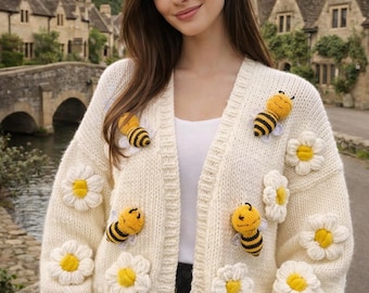 Bumble Bee Daisy Cardigan: Handmade 3D White Flower Cottagecore 
