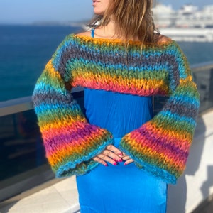Striped Rainbow Shrug Cropped Jumper Chunky Colourful Stripes Bolero Knitted Multicoloured Colourful Crop Sweater Crop Knit Arm Warmer image 6