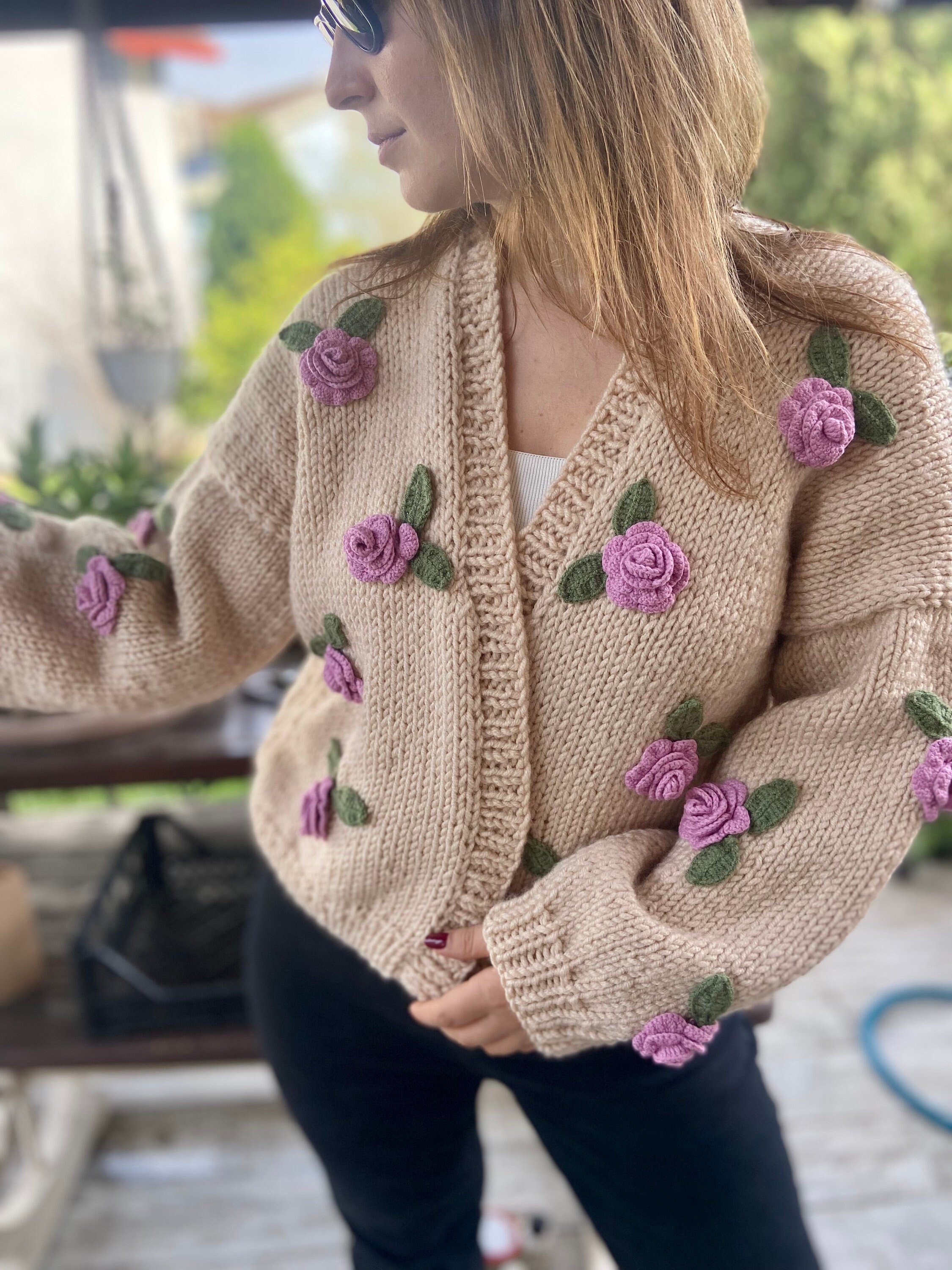 Handmade Pink Rose Cardigan: Earthy Tone Chunky Crop Knit 3D