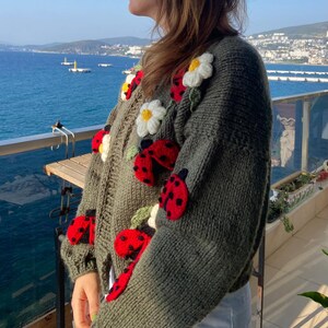 May include: Olive green knit cardigan adorned with red ladybug and white daisy appliqu&eacute;s. The sweater features a round neckline and long sleeves. The ladybugs have black spots, and the daisies have yellow centers.