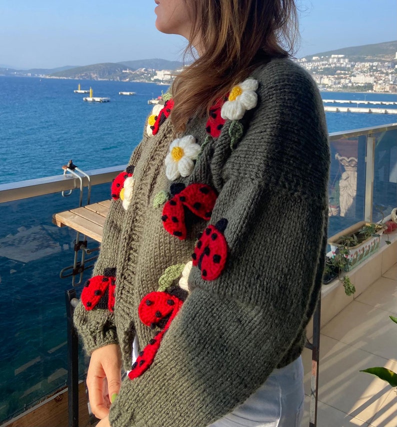May include: Olive green knit cardigan adorned with red ladybug and white daisy appliqu&eacute;s. The sweater features a round neckline and long sleeves. The ladybugs have black spots, and the daisies have yellow centers.