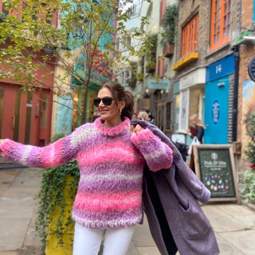 Islandpullover | Chunky Lila Weiß Pink Bunt Streifen Pullover | Rosa Ringel Pullover | Nordischer mehrfarbiger Oversized Pullover