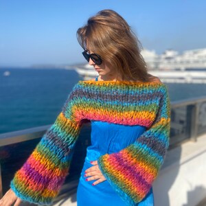 Striped Rainbow Shrug Cropped Jumper Chunky Colourful Stripes Bolero Knitted Multicoloured Colourful Crop Sweater Crop Knit Arm Warmer image 9