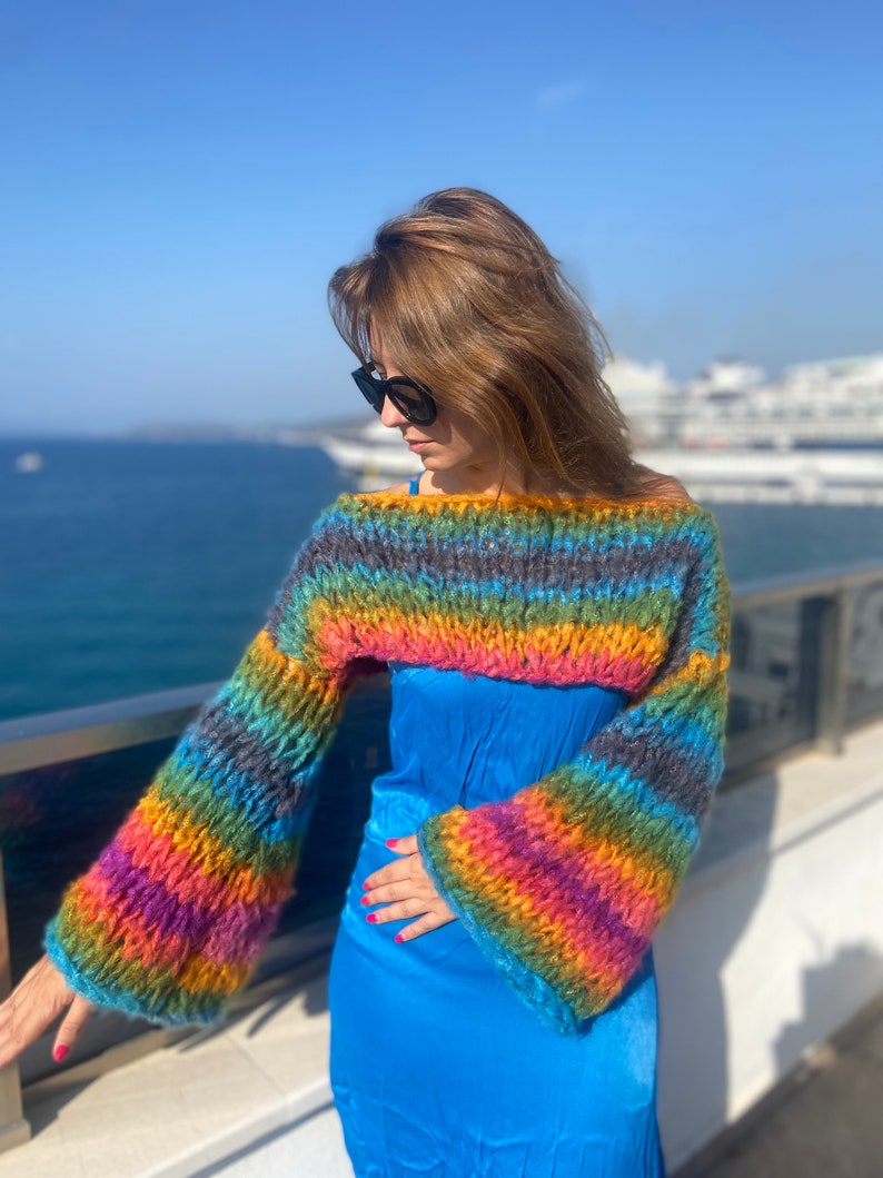 Striped Rainbow Shrug Cropped Jumper Chunky Colourful Stripes Bolero Knitted Multicoloured Colourful Crop Sweater Crop Knit Arm Warmer image 9