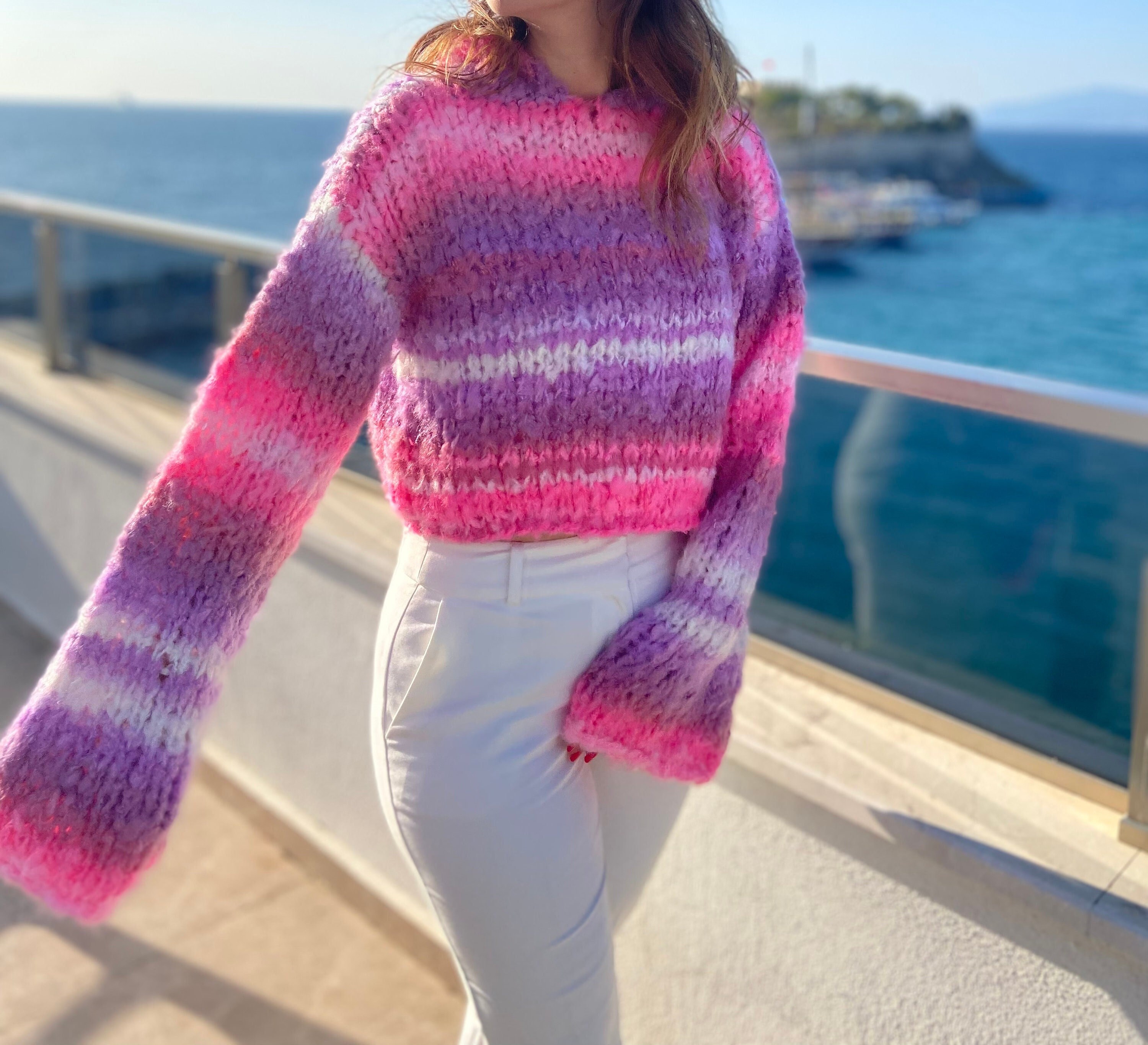 Pink and purple striped sweater discount