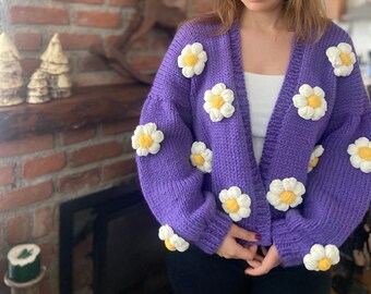 Handmade Purple Daisy Knit Cardigan: Velvet Crochet 3D Flowers