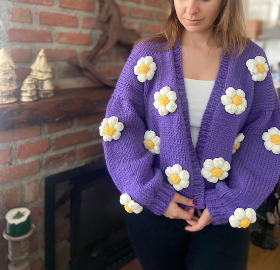 Handmade Purple Daisy Knit Cardigan: Velvet Crochet 3D Flowers