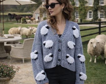 Sheep Cardigan: Chunky Grey buttoned Knit 3D Fluffy Sheep Sweater