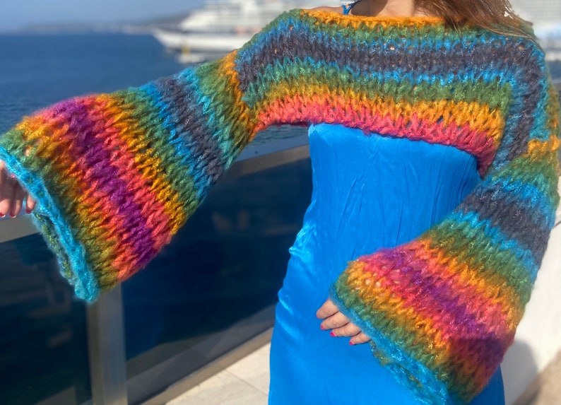 Striped Rainbow Shrug Cropped Jumper Chunky Colourful Stripes Bolero Knitted Multicoloured Colourful Crop Sweater Crop Knit Arm Warmer image 7