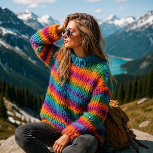 Orange Striped Rainbow Jumper | Chunky Orange Colourful Stripes Jumper | Knitted Sweater Multicoloured Colourful Oversized Sweater