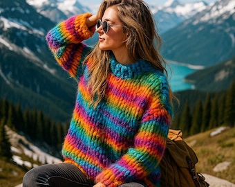 Orange Striped Rainbow Jumper | Chunky Orange Colourful Stripes Jumper | Knitted Sweater Multicoloured Colourful Oversized Sweater