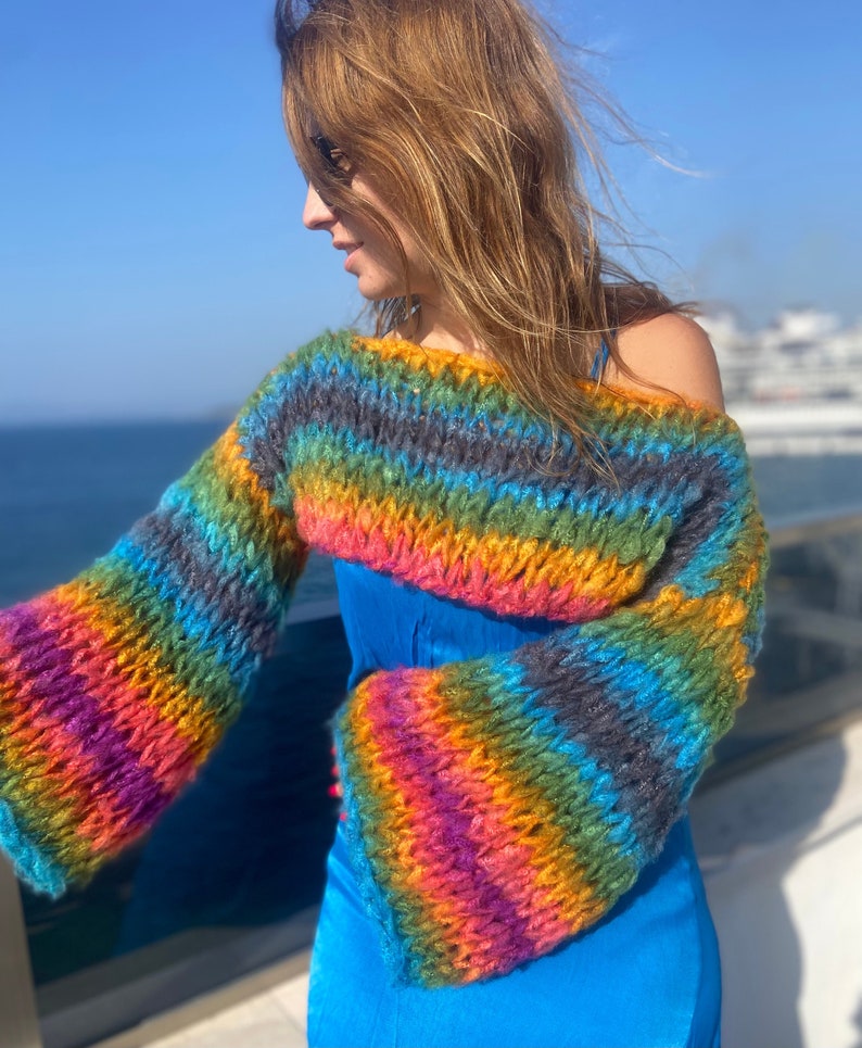Striped Rainbow Shrug Cropped Jumper Chunky Colourful Stripes Bolero Knitted Multicoloured Colourful Crop Sweater Crop Knit Arm Warmer image 5