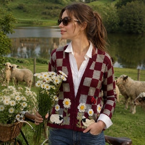 Burgundy Grey Checkered Cardigan | Check Patchwork Cardigan | Retro Vintage Knit Jacket | Burgundy Check Knitwear | Handmade Gift for Her