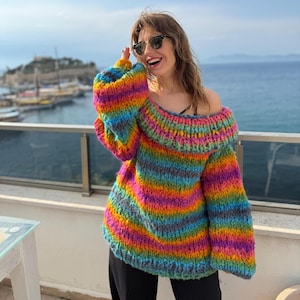 Chunky Oversized Rainbow Stripe Sweater | Vegan Yarn Knitted Colorful Pullover | Off the Shoulder Striped Colourful Knit Dress | Gift